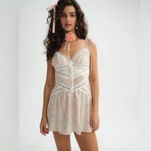 For Love and Lemons Farrah Slip Dress White Pink Floral Satin Lace L